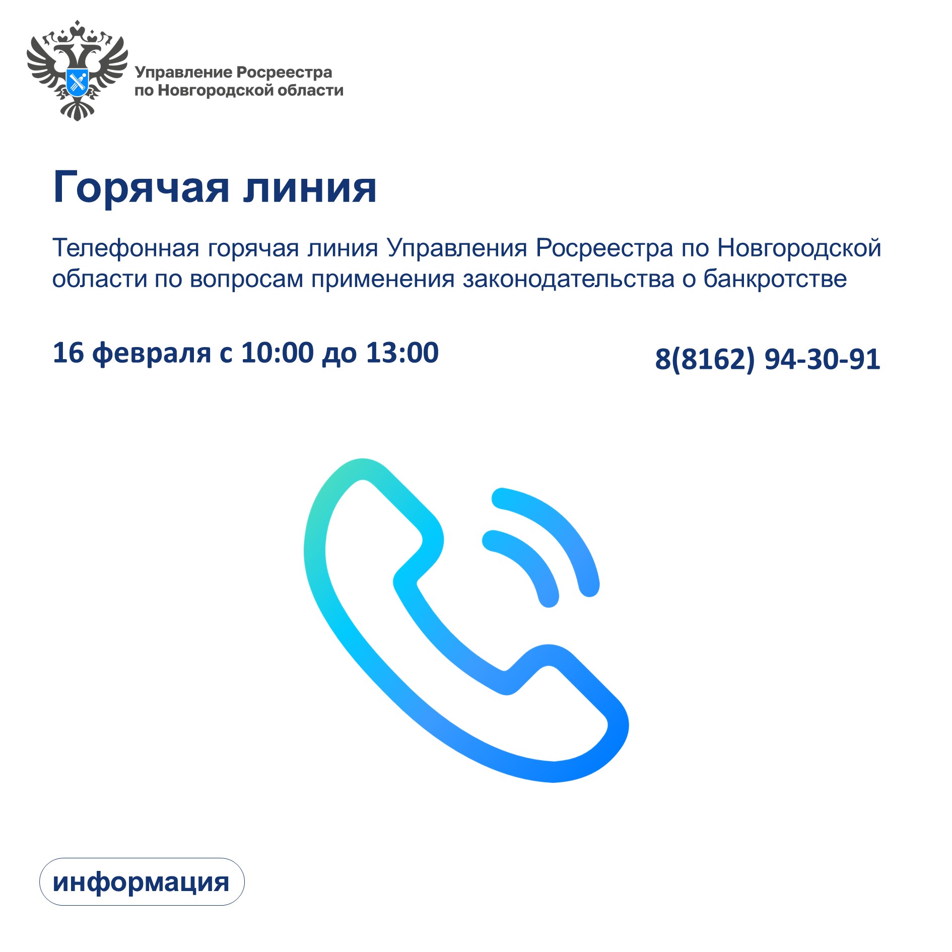 В Управлении Росреестра по Новгородской области пройдет первая в 2024 году горячая линия по вопросам банкротства.